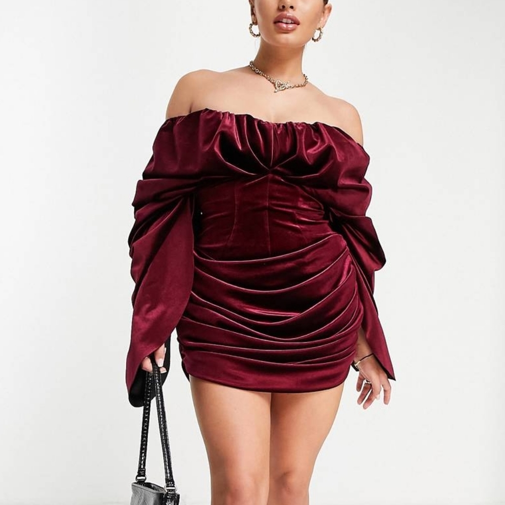 ASOS Design bonded velvet extreme drape sleeve dress in burgundy Size 8